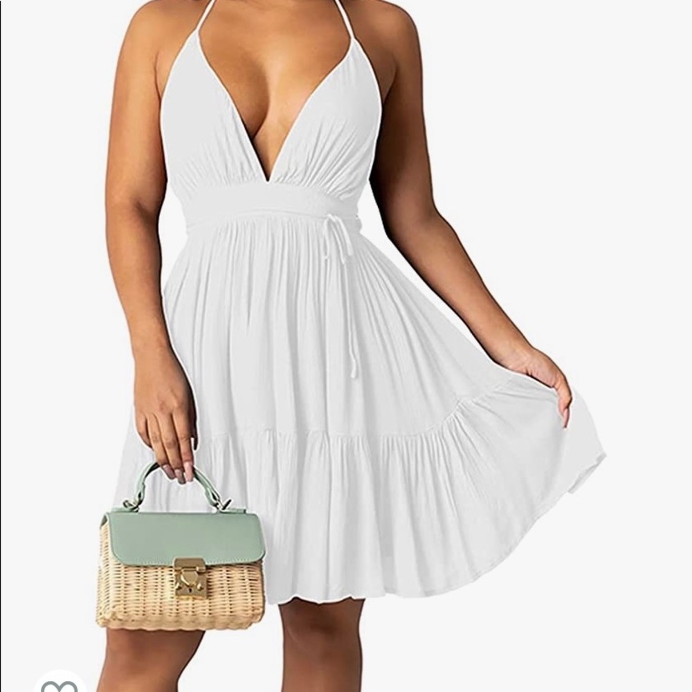 LAGSHIAN Women's Casual Summer Halter Deep V Neck Backless Beach Mini Dress